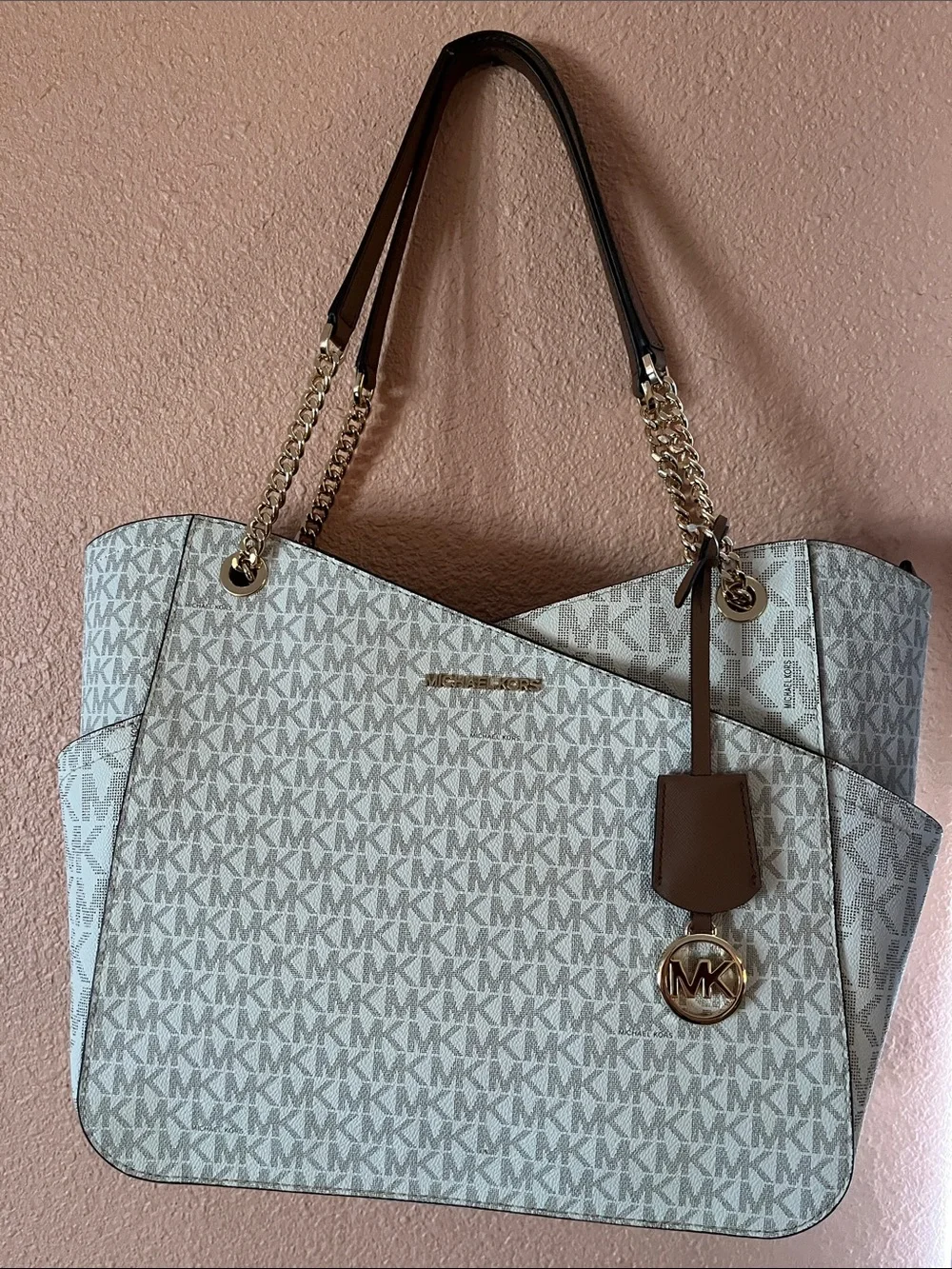 Michael Kors White and Brown MK Logo Tote with Gold Hardware